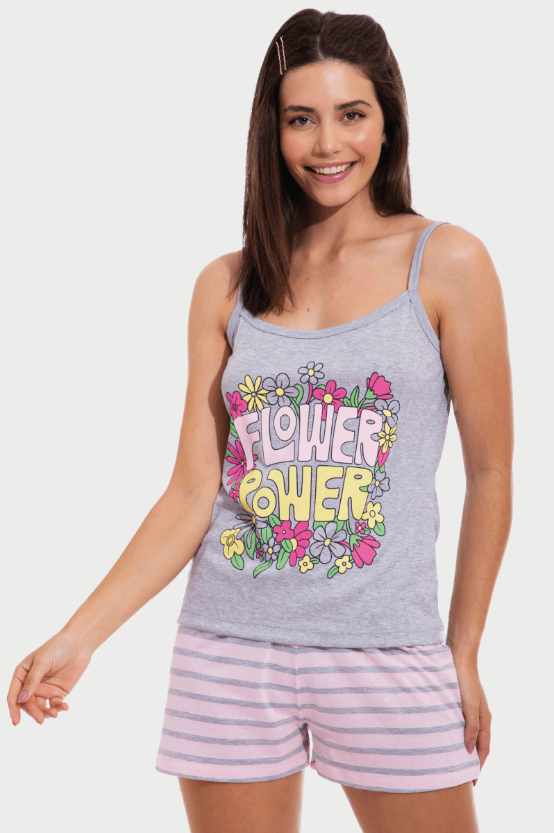 Pijama Feminino Lua Chic Alcinha Flores Ribana Mescla