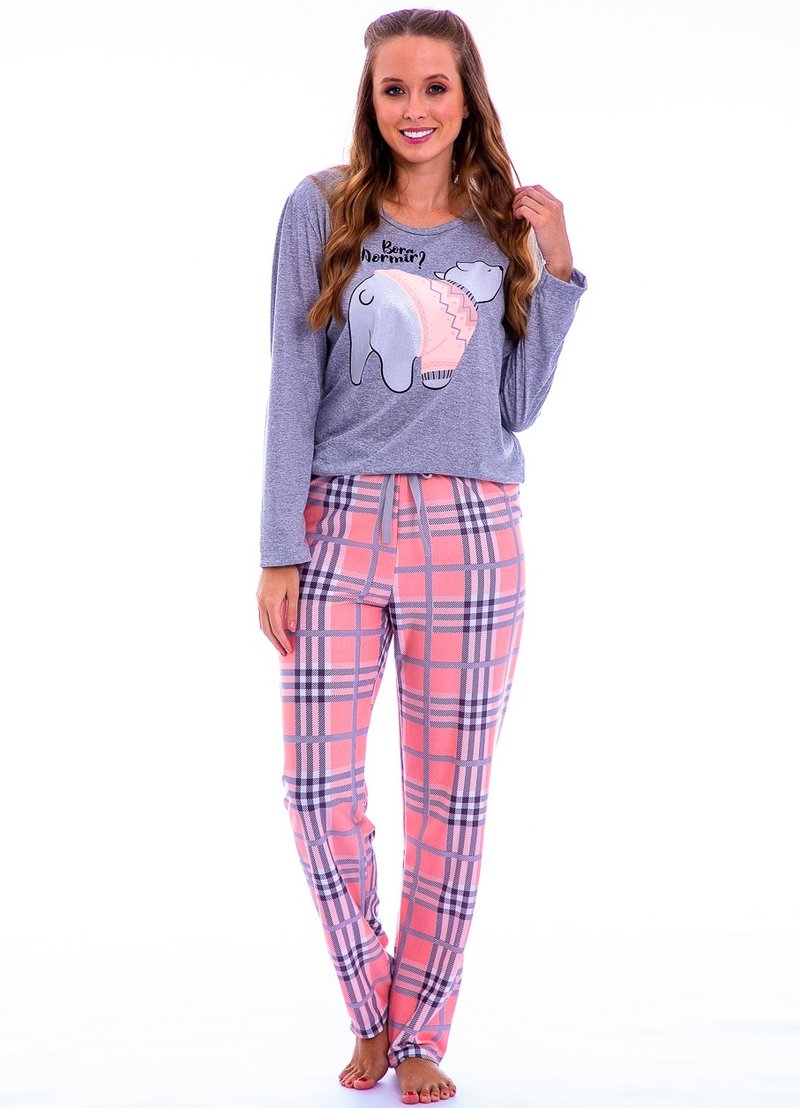 Pijama Adulto Alcinha Ted Xadrez c/ Calça Xadrez Azul Claro - Vitrine Rose