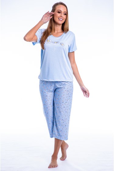 Pijama Capri Feminino Azul Calça Abstrata - Universo Toque